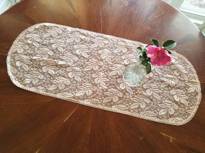 SALE Vintage table runner, pink, lace, floral, trim, dainty, feminine, shabby chic, granny chic, oblong, oval, rectangle, table linen, cottage