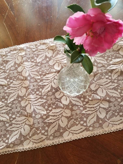 SALE Vintage table runner, pink, lace, floral, trim, dainty, feminine, shabby chic, granny chic, oblong, oval, rectangle, table linen, cottage