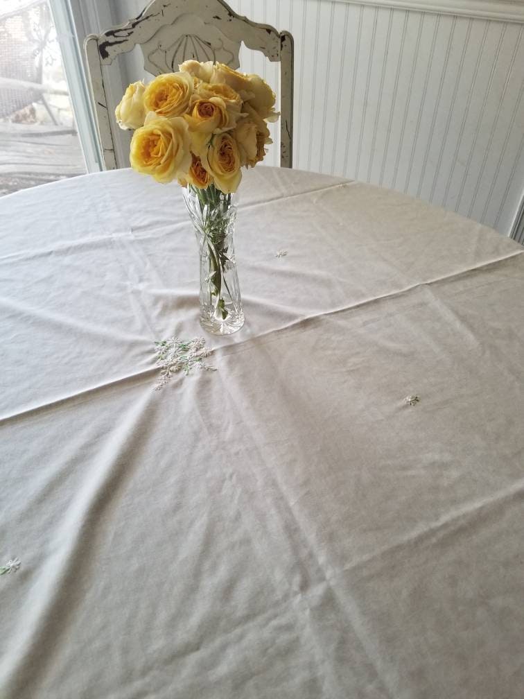 SALE Vintage tablecloth, embroidered, handmade, white, spring, floral, flowers, lace trim, square, neutral, minimal, shabby chic, granny chic