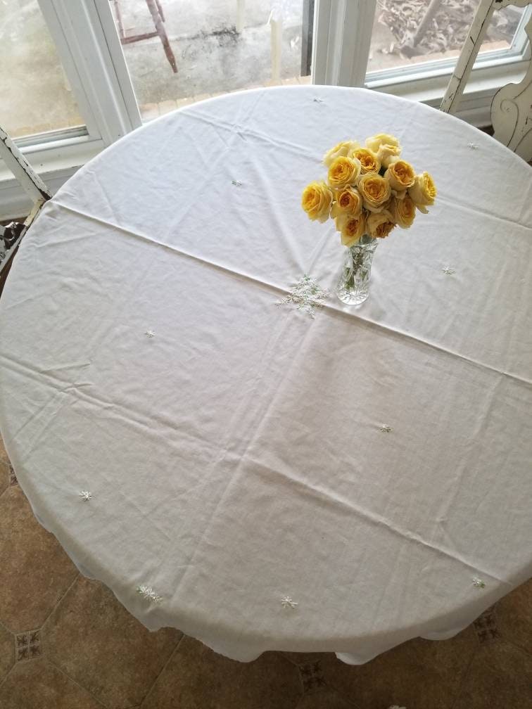 SALE Vintage tablecloth, embroidered, handmade, white, spring, floral, flowers, lace trim, square, neutral, minimal, shabby chic, granny chic