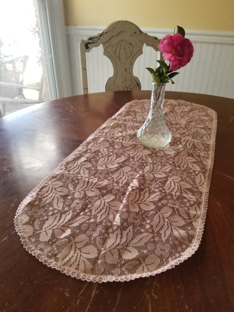 SALE Vintage table runner, pink, lace, floral, trim, dainty, feminine, shabby chic, granny chic, oblong, oval, rectangle, table linen, cottage