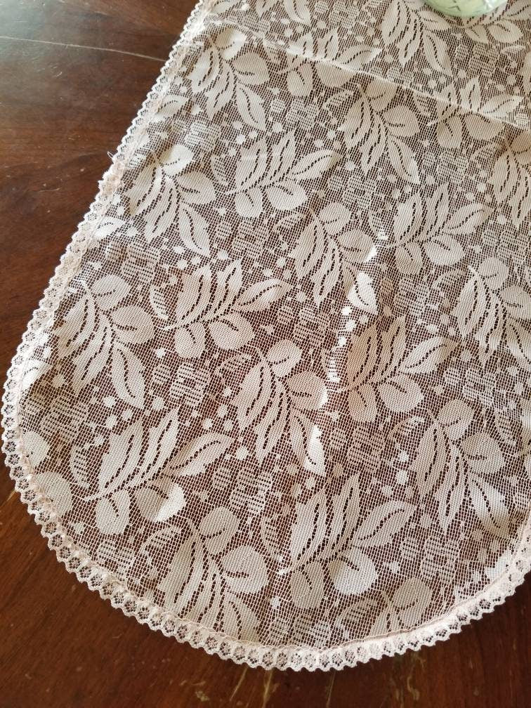 SALE Vintage table runner, pink, lace, floral, trim, dainty, feminine, shabby chic, granny chic, oblong, oval, rectangle, table linen, cottage