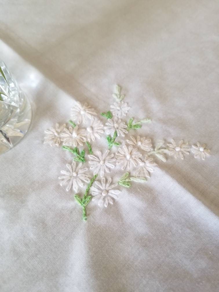 SALE Vintage tablecloth, embroidered, handmade, white, spring, floral, flowers, lace trim, square, neutral, minimal, shabby chic, granny chic