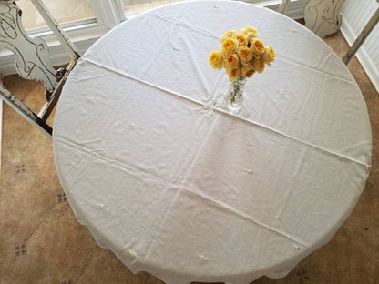 SALE Vintage tablecloth, embroidered, handmade, white, spring, floral, flowers, lace trim, square, neutral, minimal, shabby chic, granny chic