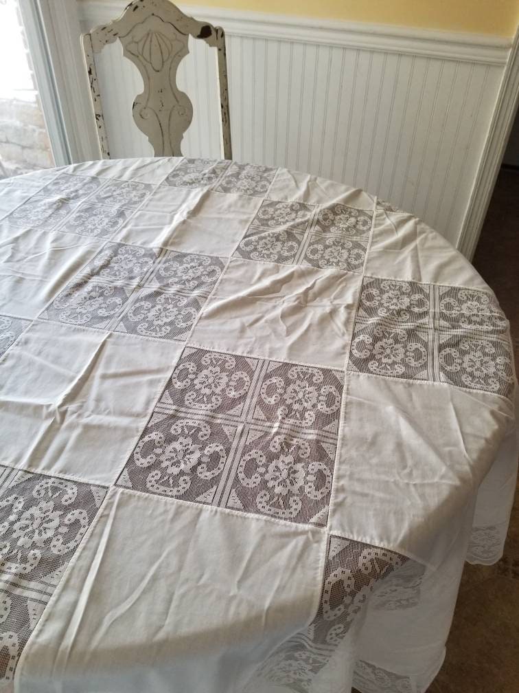 SALE Vintage tablecloth, white, lace, oval, oblong, patchwork, floral, lace, trim, granny chic, shabby chic, country, cottage, table linen, large