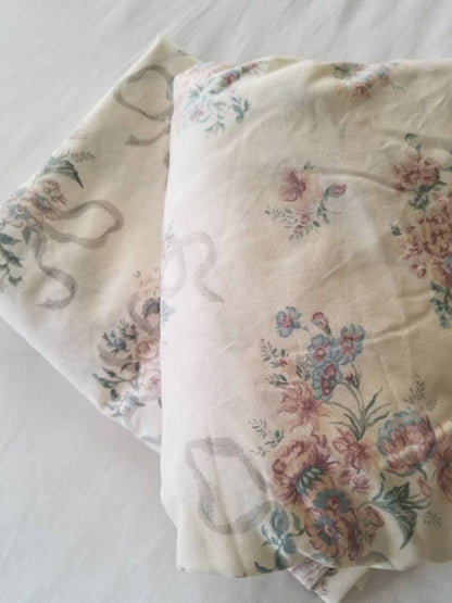 SALE Vintage floral sheets, JCPenney, full, double, set of 2, fitted, flat, ribbon, rose, cream, pink, blue, shabby chic, granny chic, cottage