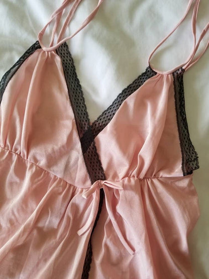 Vintage lingerie set, Montgomery Ward, small, 10/12, babydoll, camisole, 2 piece, panty, underwear, pink, black, nylon, sleepwear, sexy