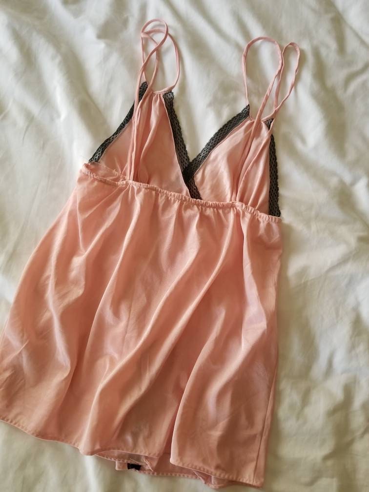 Vintage lingerie set, Montgomery Ward, small, 10/12, babydoll, camisole, 2 piece, panty, underwear, pink, black, nylon, sleepwear, sexy