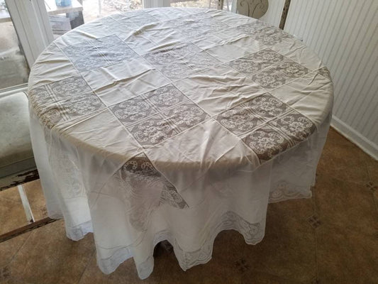 SALE Vintage tablecloth, white, lace, oval, oblong, patchwork, floral, lace, trim, granny chic, shabby chic, country, cottage, table linen, large