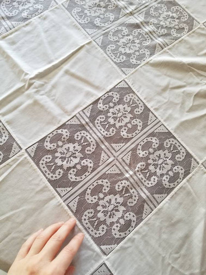 SALE Vintage tablecloth, white, lace, oval, oblong, patchwork, floral, lace, trim, granny chic, shabby chic, country, cottage, table linen, large