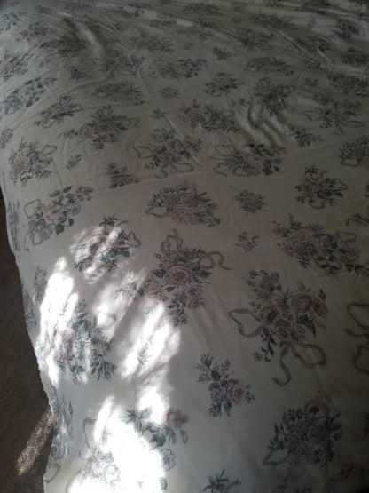 SALE Vintage floral sheets, JCPenney, full, double, set of 2, fitted, flat, ribbon, rose, cream, pink, blue, shabby chic, granny chic, cottage