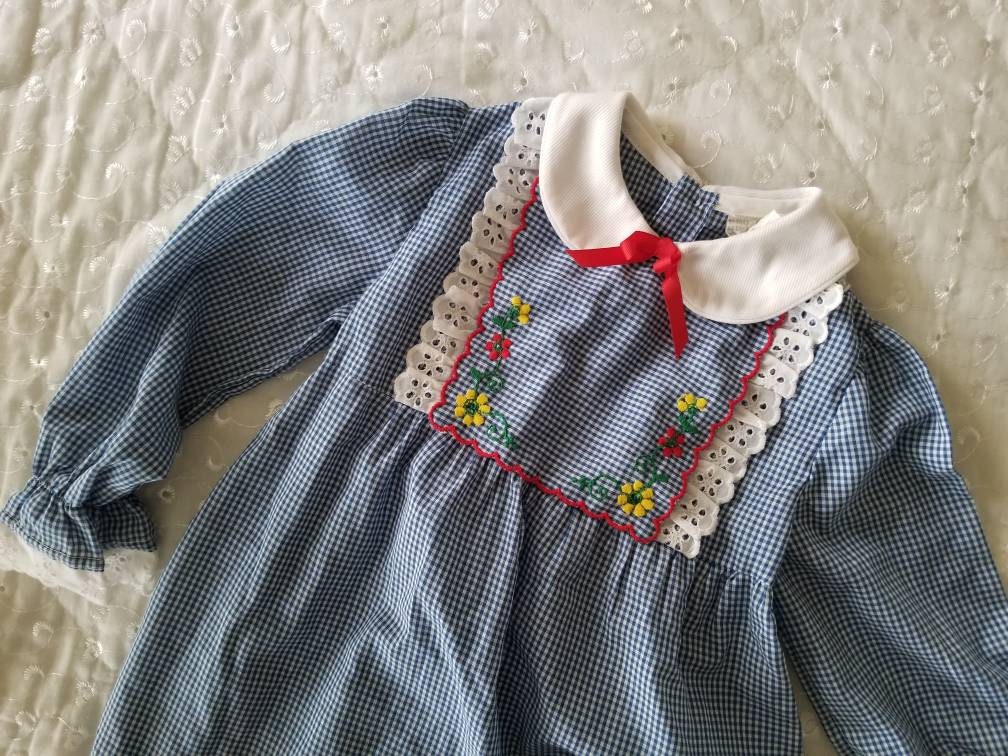 Vintage toddler dress, 6X, girl, long sleeves, gingham, blue, floral, white lace, Peter Pan collar, tiered, ruffle, red, bib, maxi, 70s,