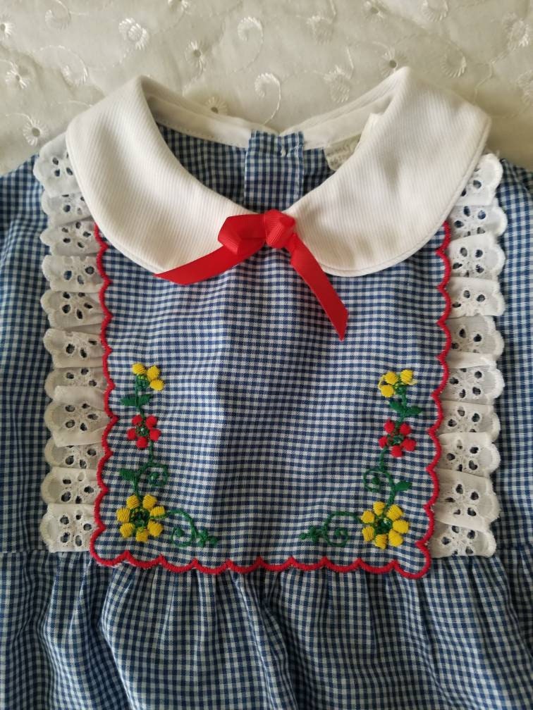 Vintage toddler dress, 6X, girl, long sleeves, gingham, blue, floral, white lace, Peter Pan collar, tiered, ruffle, red, bib, maxi, 70s,