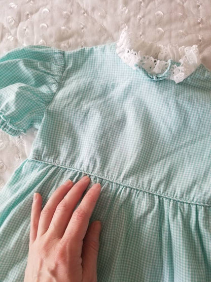 SALE Vintage baby dress, handmade, gingham, teal, aqua, short sleeves, lace trim, 12m, zipper, country, scallops, elastic, plain, minimal, farm