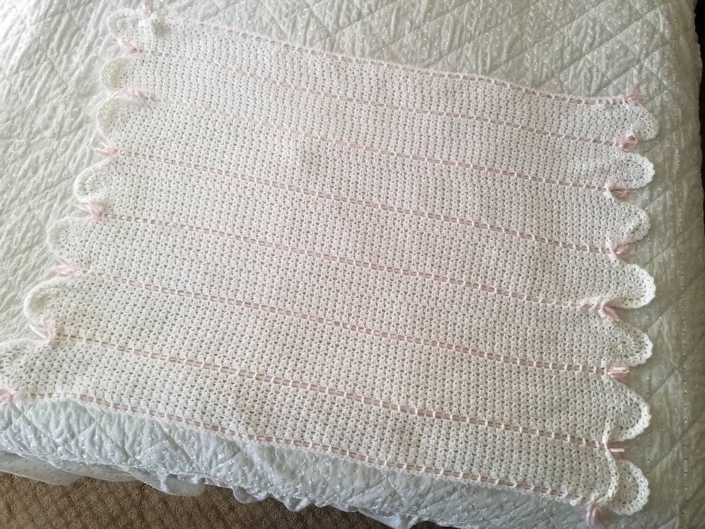 SALE Vintage baby blanket, newborn, baby shower gift, girl, infant, soft, pink satin trim, handmade, white, large, crochet, crib bedding, nursery