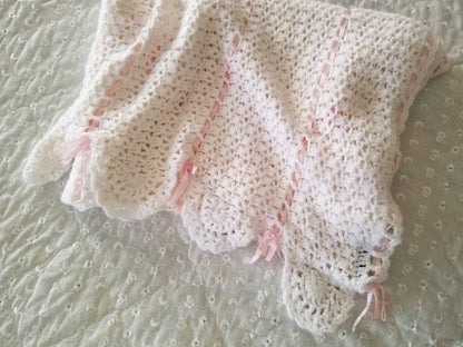 SALE Vintage baby blanket, newborn, baby shower gift, girl, infant, soft, pink satin trim, handmade, white, large, crochet, crib bedding, nursery