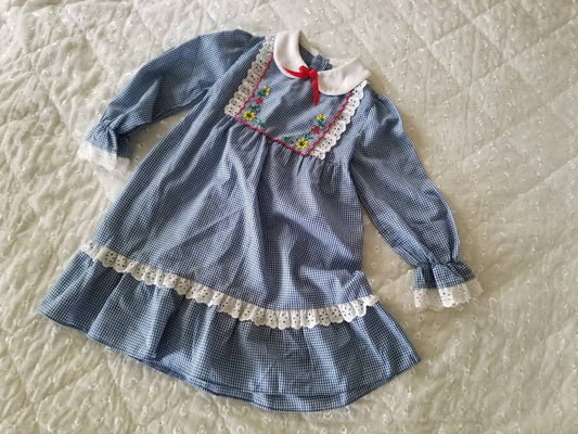 Vintage toddler dress, 6X, girl, long sleeves, gingham, blue, floral, white lace, Peter Pan collar, tiered, ruffle, red, bib, maxi, 70s,