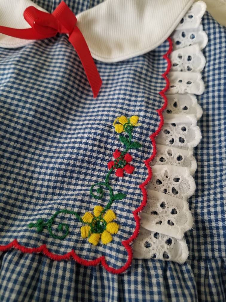 Vintage toddler dress, 6X, girl, long sleeves, gingham, blue, floral, white lace, Peter Pan collar, tiered, ruffle, red, bib, maxi, 70s,