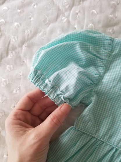 SALE Vintage baby dress, handmade, gingham, teal, aqua, short sleeves, lace trim, 12m, zipper, country, scallops, elastic, plain, minimal, farm