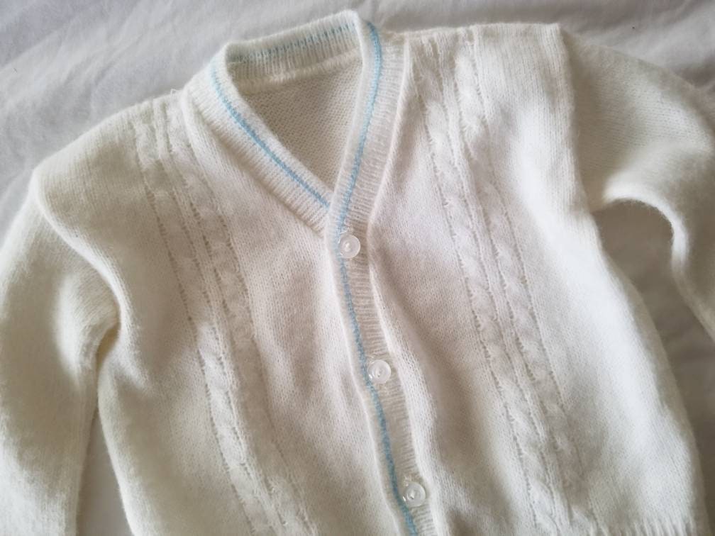 SALE Vintage knit cardigan, baby, infant, boy, girl, gender neutral, 9m, 6m, long sleeves, jacket, sweater, white, blue, argyle, button up, 60s