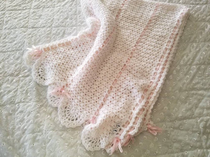 SALE Vintage baby blanket, newborn, baby shower gift, girl, infant, soft, pink satin trim, handmade, white, large, crochet, crib bedding, nursery