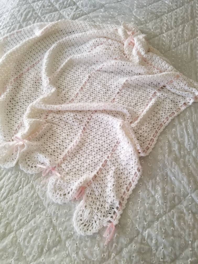 SALE Vintage baby blanket, newborn, baby shower gift, girl, infant, soft, pink satin trim, handmade, white, large, crochet, crib bedding, nursery