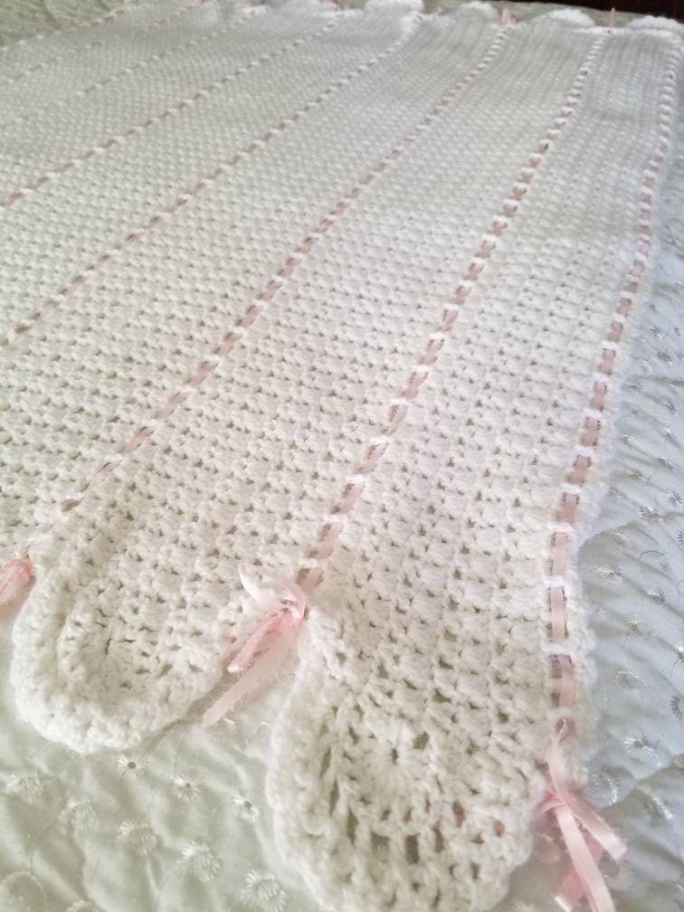 SALE Vintage baby blanket, newborn, baby shower gift, girl, infant, soft, pink satin trim, handmade, white, large, crochet, crib bedding, nursery