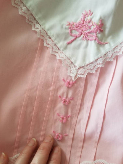 Vintage toddler dress, pink, handmade, Victorian, Edwardian, short sleeves, collar, embroidered, lace trim, drop waist, tiered, ruffles