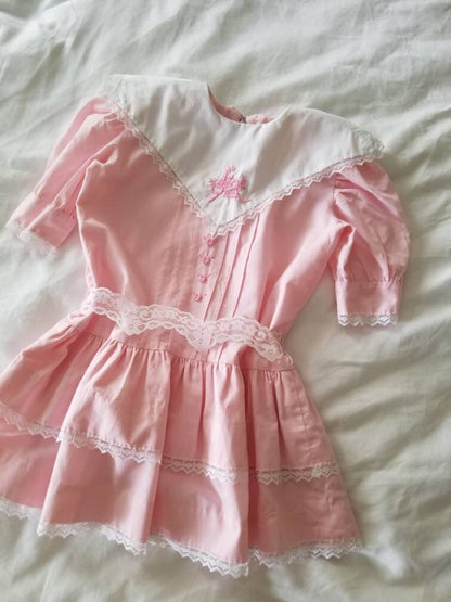 Vintage toddler dress, pink, handmade, Victorian, Edwardian, short sleeves, collar, embroidered, lace trim, drop waist, tiered, ruffles