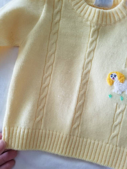 SALE Vintage sweater, Nann Knits, baby, infant, 0-6m, yellow, dog, long sleeves, shoulder buttons, cable knit, 50s 60s, unisex, gender neutral