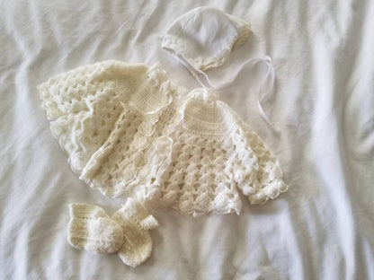 SALE Vintage layette set, handmade, knit, baby booties, bonnet, cardigan, lace trim, white, cream, baby shower gift, gender neutral, infant