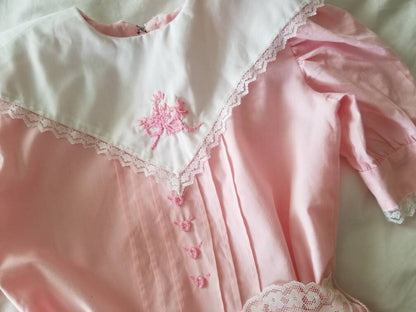 Vintage toddler dress, pink, handmade, Victorian, Edwardian, short sleeves, collar, embroidered, lace trim, drop waist, tiered, ruffles