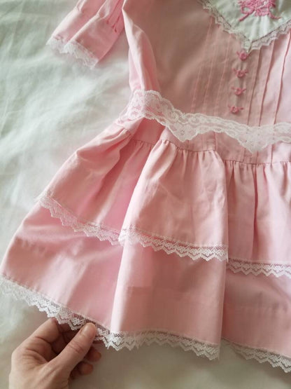 Vintage toddler dress, pink, handmade, Victorian, Edwardian, short sleeves, collar, embroidered, lace trim, drop waist, tiered, ruffles