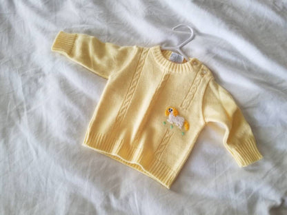 SALE Vintage sweater, Nann Knits, baby, infant, 0-6m, yellow, dog, long sleeves, shoulder buttons, cable knit, 50s 60s, unisex, gender neutral