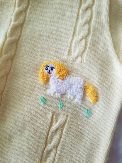 SALE Vintage sweater, Nann Knits, baby, infant, 0-6m, yellow, dog, long sleeves, shoulder buttons, cable knit, 50s 60s, unisex, gender neutral