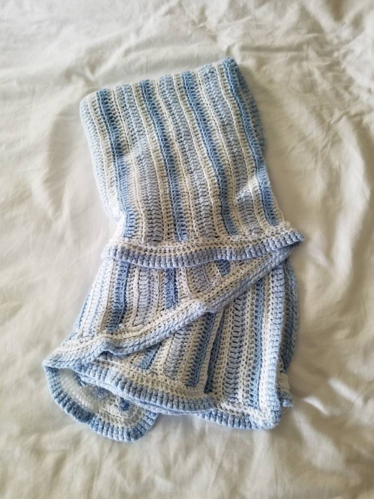 SALE Vintage blanket, crochet, blue, white, stripes, handmade, baby shower gift, infant boy, throw, crib bedding, nursery, pastel, large, acrylic