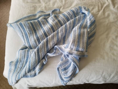 SALE Vintage blanket, crochet, blue, white, stripes, handmade, baby shower gift, infant boy, throw, crib bedding, nursery, pastel, large, acrylic