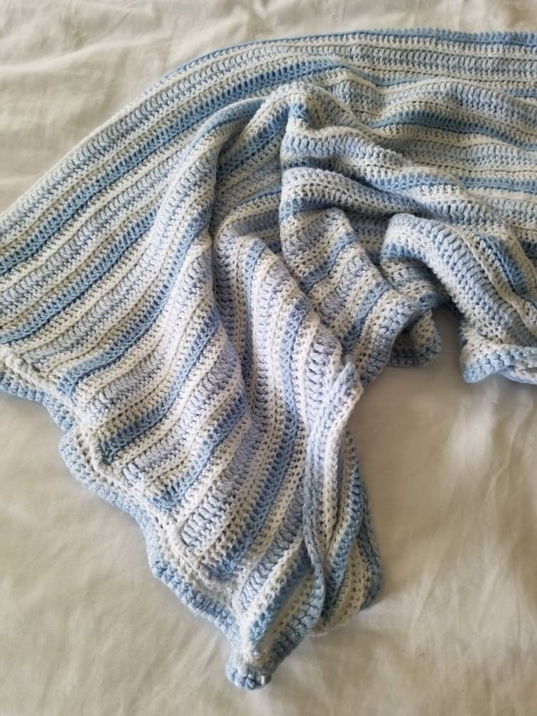 SALE Vintage blanket, crochet, blue, white, stripes, handmade, baby shower gift, infant boy, throw, crib bedding, nursery, pastel, large, acrylic