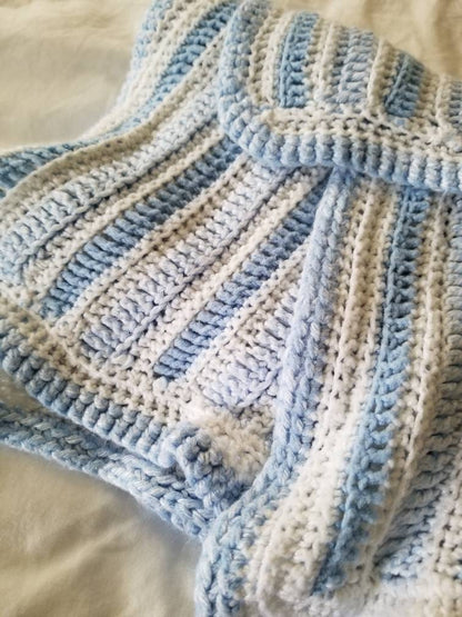 SALE Vintage blanket, crochet, blue, white, stripes, handmade, baby shower gift, infant boy, throw, crib bedding, nursery, pastel, large, acrylic