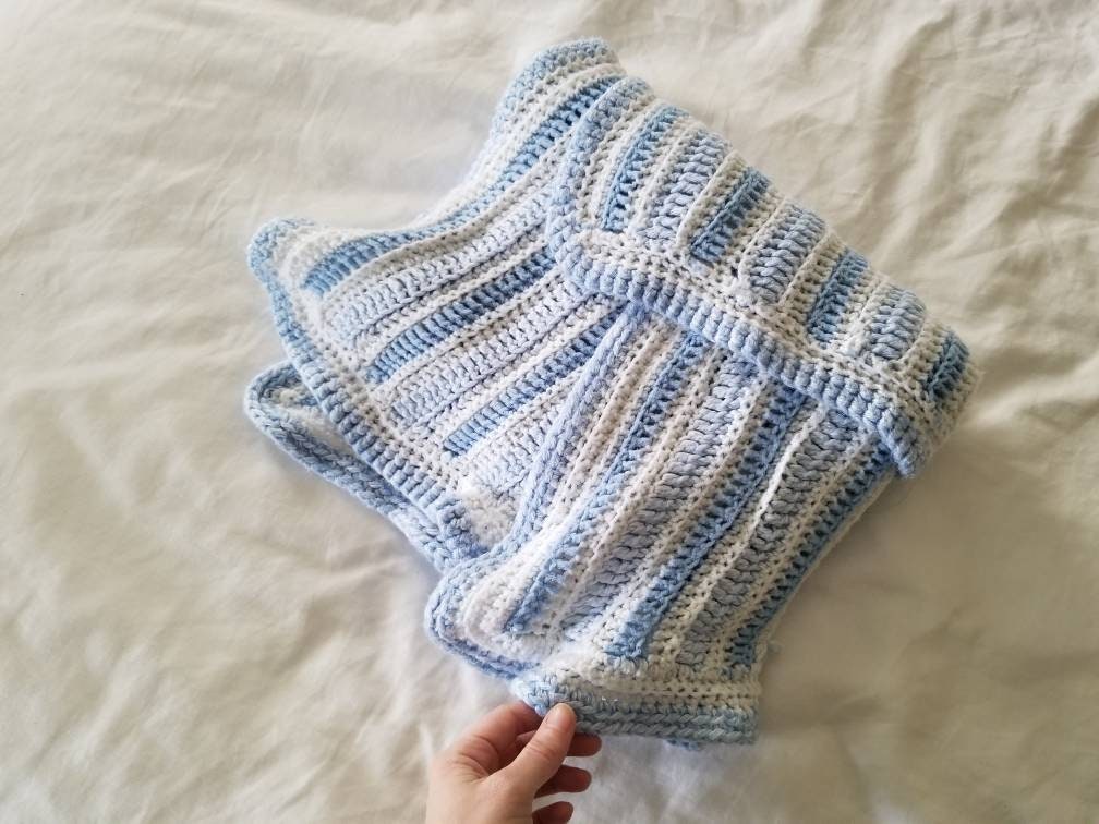 SALE Vintage blanket, crochet, blue, white, stripes, handmade, baby shower gift, infant boy, throw, crib bedding, nursery, pastel, large, acrylic