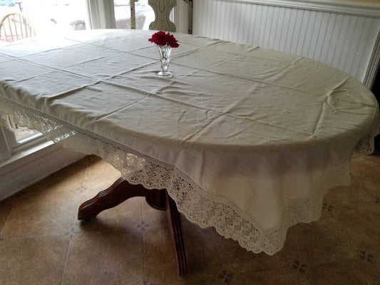 SALE Vintage tablecloth, cream, lace, trim, simple, plain, granny chic, shabby chic, cottagecore, rectangle, country cottage, minimal, farmhouse