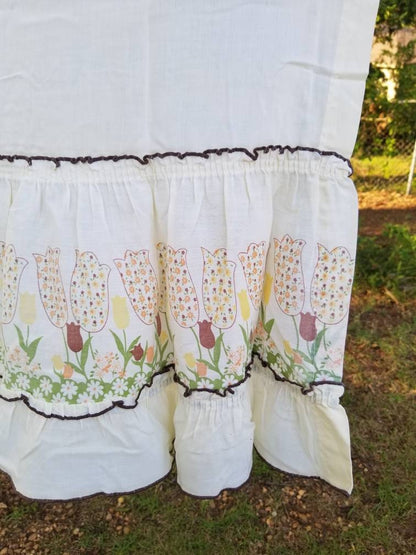 SALE Vintage curtains, half, cafe, 70s, floral, retro, mid century, ruffle, tulips, bohemian, boho, brown, yellow, orange, valance, MCM, set of 3