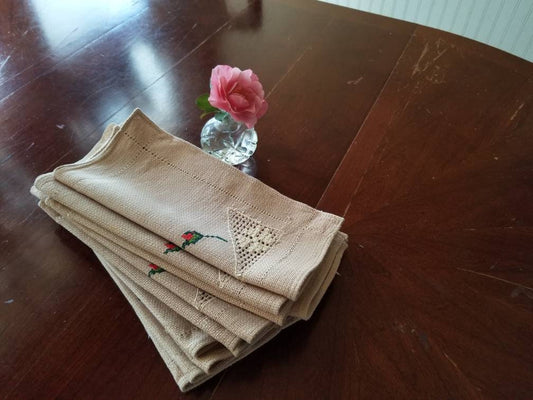 SALE Vintage napkins, set of 12, embroidered, handmade, floral, rose, shabby chic, granny chic, cottage core, tan beige, red, green, cross stitch