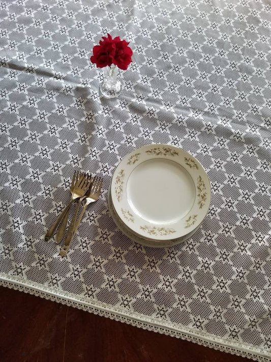 SALE Vintage tablecloth, lace, trim, square, star pattern, geometric, shabby chic, granny chic, cottagecore, fancy, romantic, holiday, small