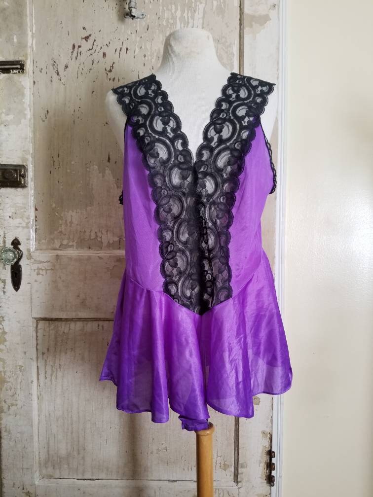 Vintage teddy, lingerie, purple, black, 42, lace, sexy, 70s, nylon, romper, babydoll, racy, plunge, sheer, honeymoon, wedding, romantic