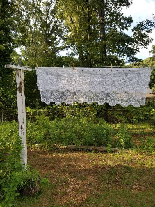 SALE Vintage curtains, valances, set of 2, tiered, floral, scallops, granny chic, shabby chic, cottage core, cafe, swag, rose, white, lace eyelet