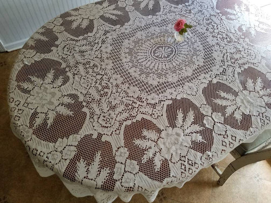 SALE Vintage tablecloth, white, lace, eyelet, floral, shabby chic, granny chic, cottage core, country, rectangle, polyester, bridal, wedding