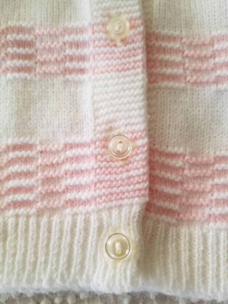 SALE Vintage cardigan, sweater, button up front, white, pink, 6-9m, girl, long sleeves, crew neck, ribbed, acrylic, baby, infant, fall, winter