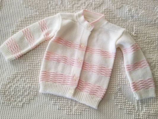 SALE Vintage cardigan, sweater, button up front, white, pink, 6-9m, girl, long sleeves, crew neck, ribbed, acrylic, baby, infant, fall, winter