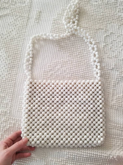 Vintage purse, white, beaded, Walborg, shoulder, casual, evening, Hong Kong, zipper, snap, pocket, designer, bridal, daywear, macrame